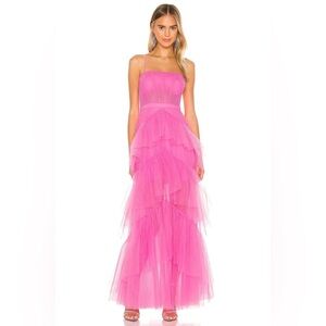 Beautiful long tiered hot pink formal dress. So adorable